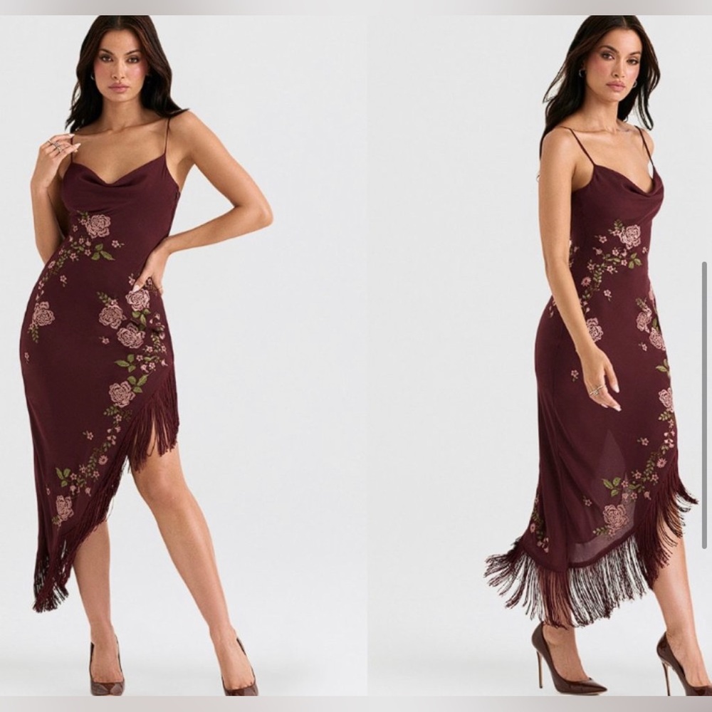 House of CB Wine Floral Fringe Cowl Midi Dress
